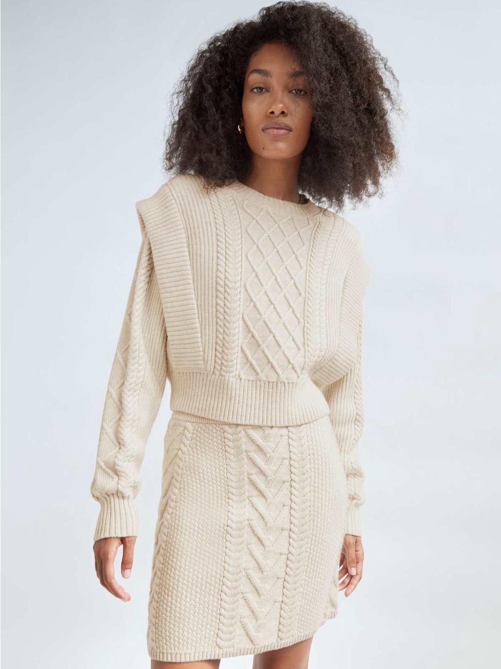Aritzia Babaton Seek Sweater Cream Cable-Knit Crewneck w/Shoulder-pads Sz XL